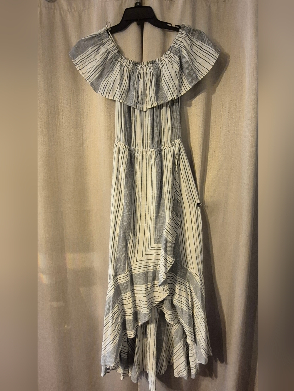 Express Off Shoulder Peasant Cotton Hi-low Faux Wrap Dress White/slate Striped S